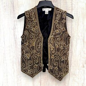 Niteline Della Roufogali Black Gold Beaded Vest Formal Evening Vintage S
